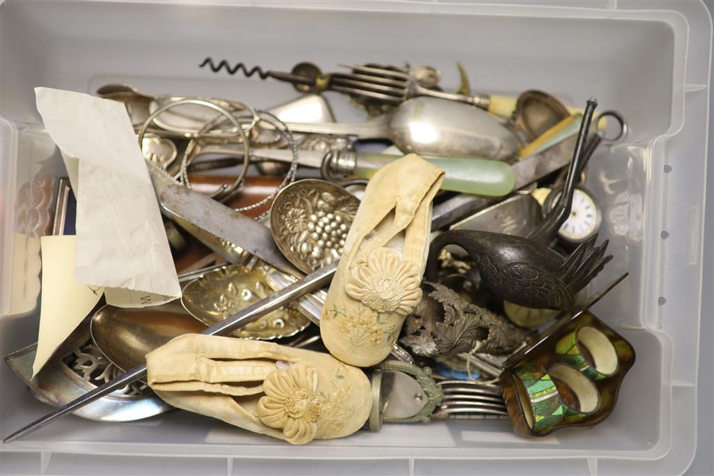 Assorted items including posy holder, plated cutlery, small silver mounted photograph frame, silver pocket watch etc.